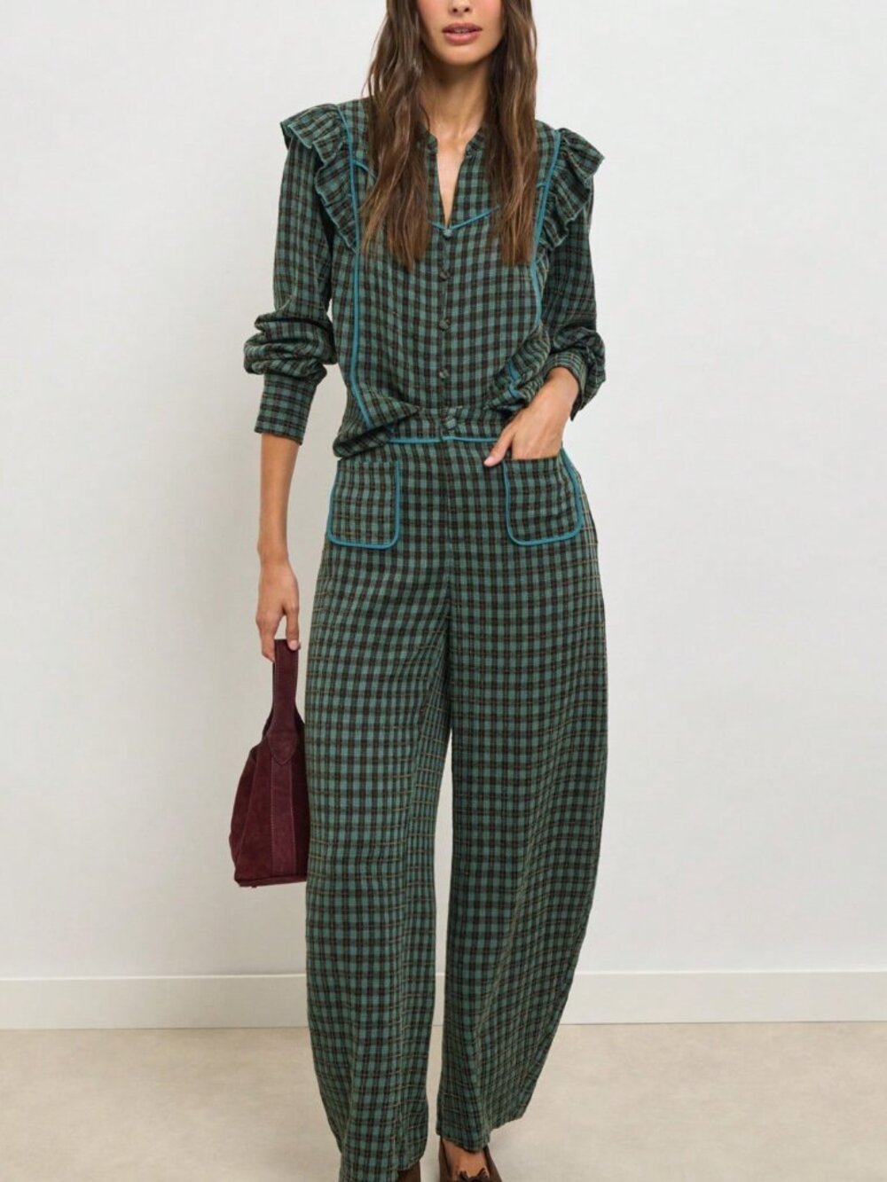 Multicolor Casual Women's Plaid Blouse And Trouser Set With Ruffle Detail.